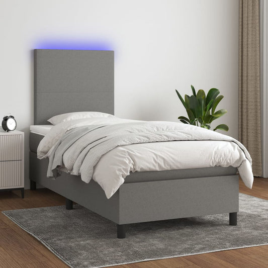 Box Spring Bed With Mattress&Led Dark Grey 106X203 Cm Fabric