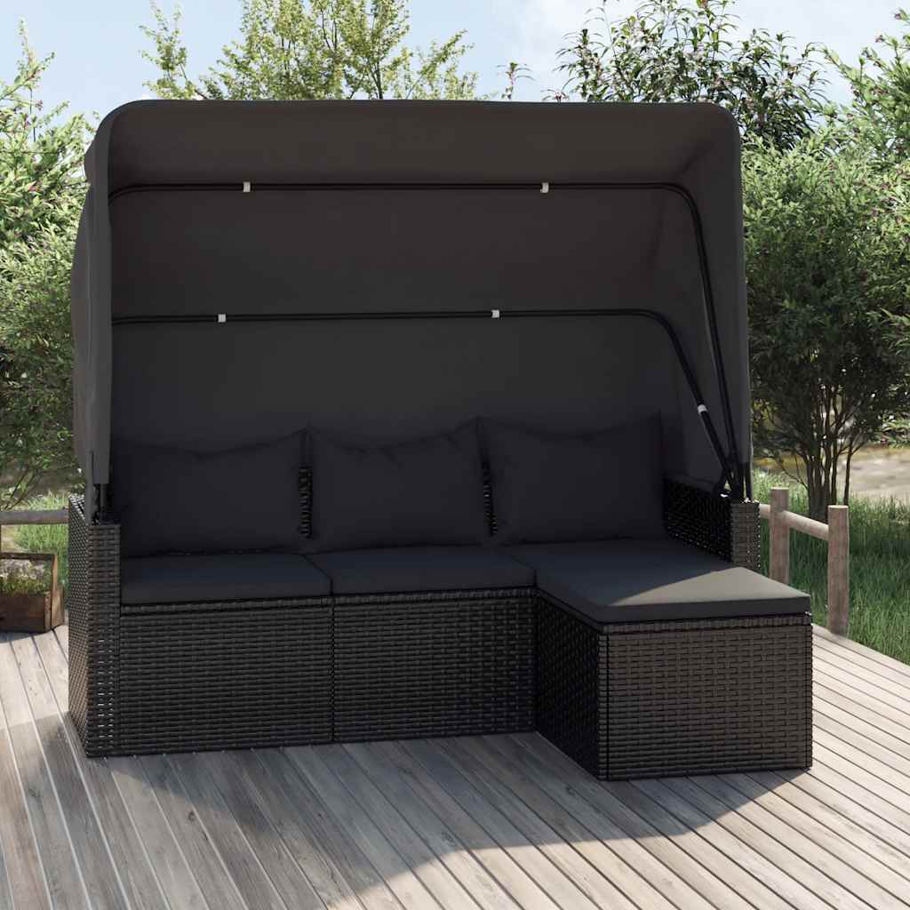3-Seater Garden Sofa With Roof And Footstool Poly Rattan