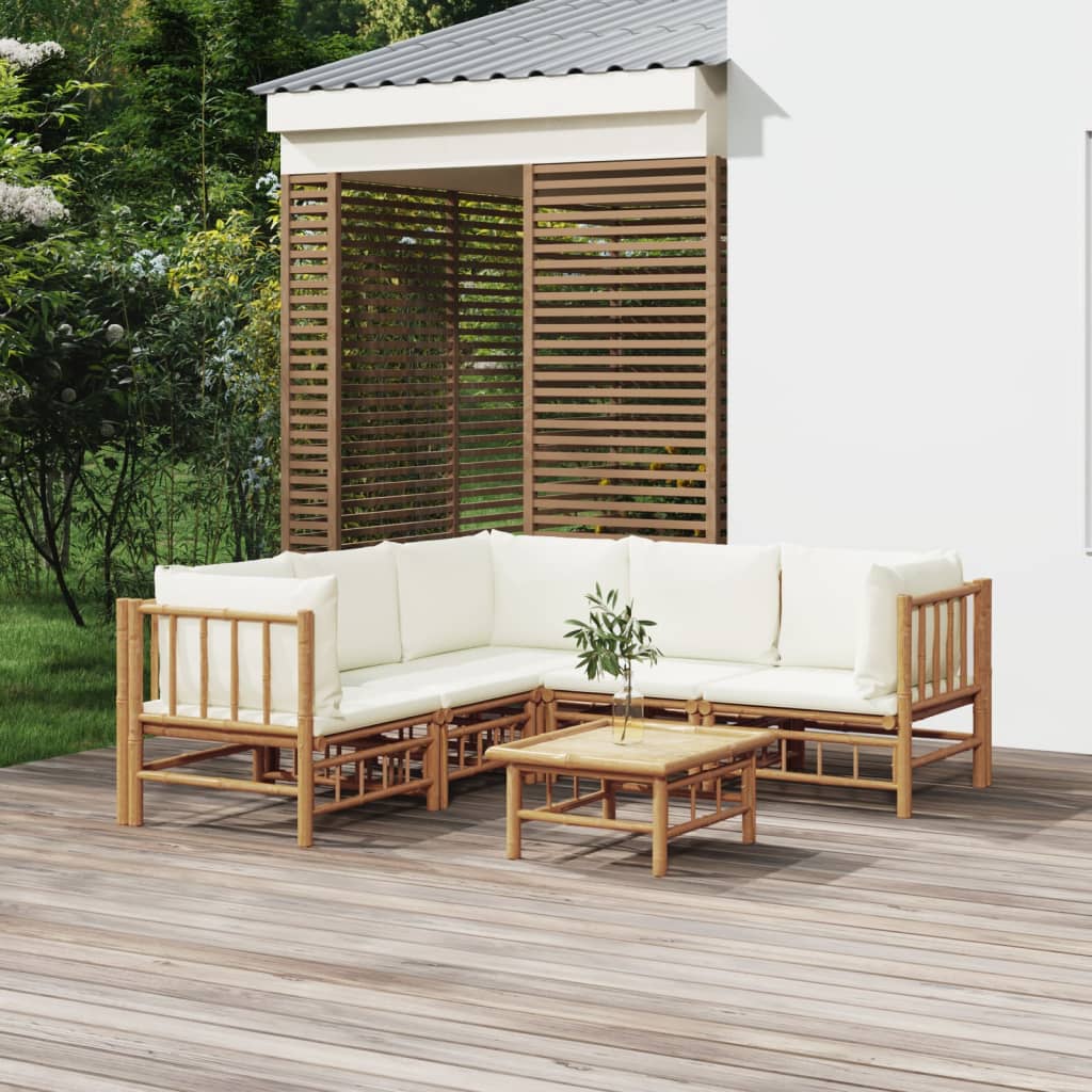 6 Piece Garden Lounge Set With White Cushions Bamboo