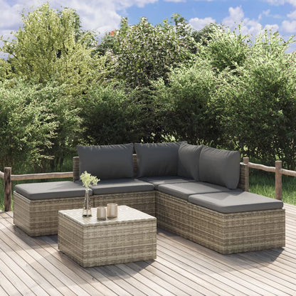 5 Piece Garden Lounge Set With Cushions Grey Poly Rattan