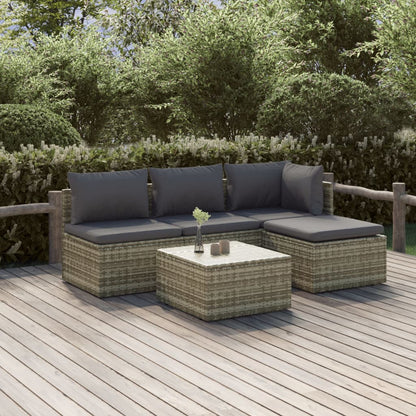 5 Piece Garden Lounge Set With Cushions Grey Poly Rattan