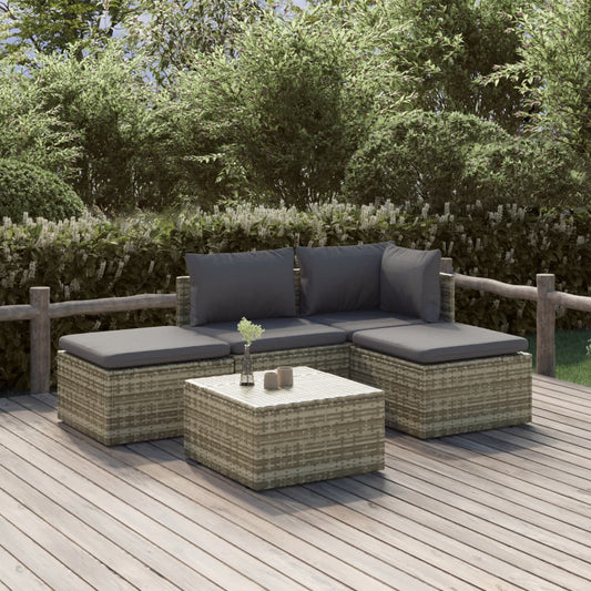 5 Piece Garden Lounge Set With Cushions Grey Poly Rattan
