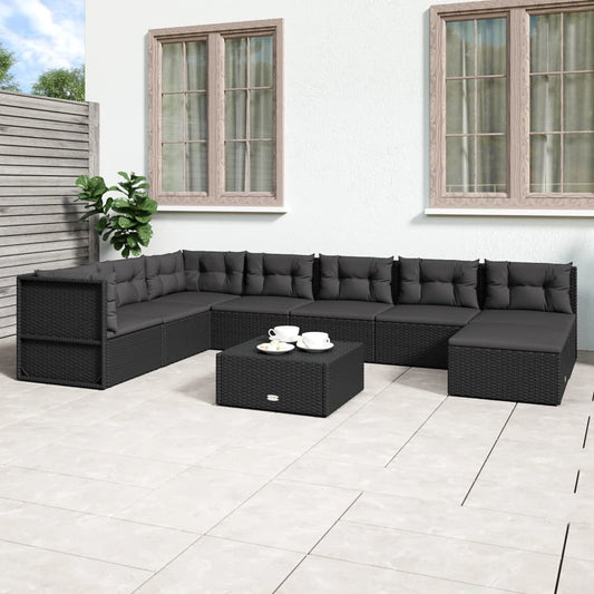 8 Piece Garden Lounge Set With Cushions Black Poly Rattan