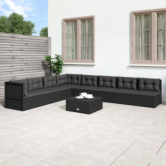 8 Piece Garden Lounge Set With Cushions Black Poly Rattan