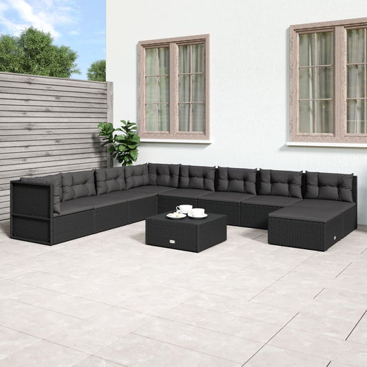 9 Piece Garden Lounge Set With Cushions Black Poly Rattan