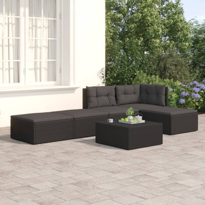 5 Piece Garden Lounge Set With Cushions Black Poly Rattan