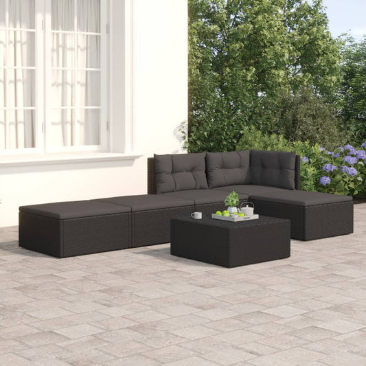 5 Piece Garden Lounge Set With Cushions Black Poly Rattan