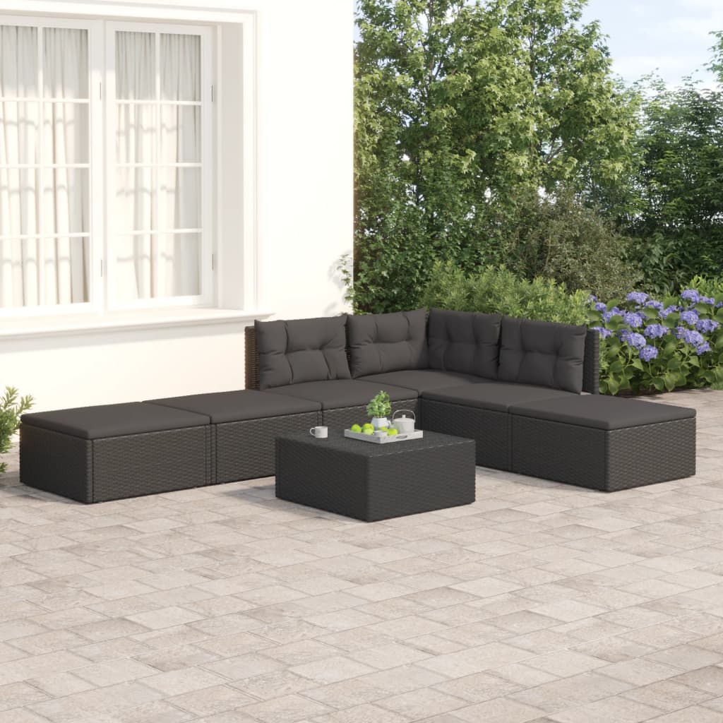 6 Piece Garden Lounge Set With Cushions Black Poly Rattan
