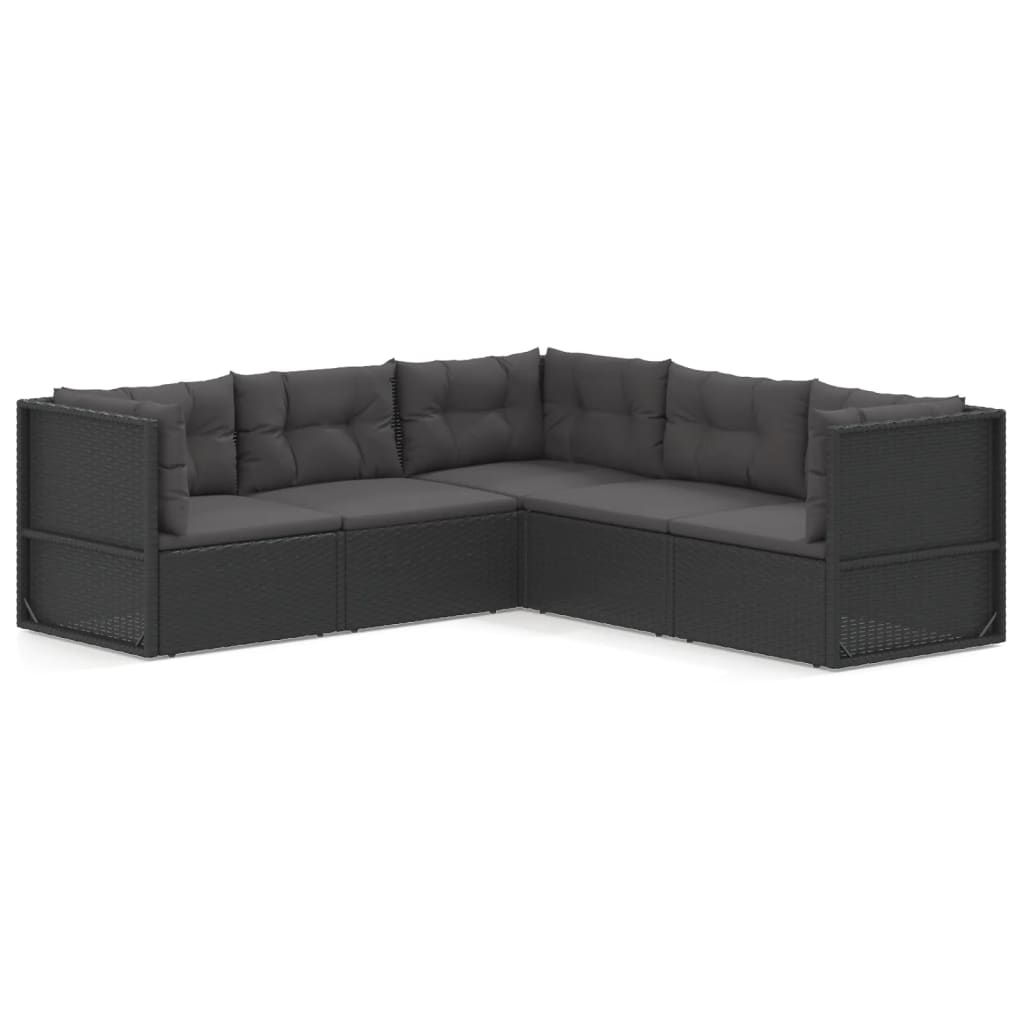 5 Piece Garden Lounge Set With Cushions Black Poly Rattan