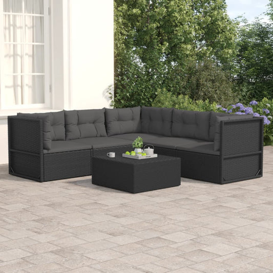 5 Piece Garden Lounge Set With Cushions Black Poly Rattan
