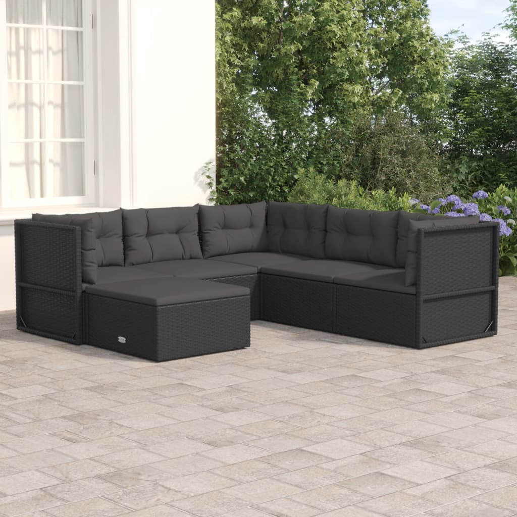 5 Piece Garden Lounge Set With Cushions Black Poly Rattan