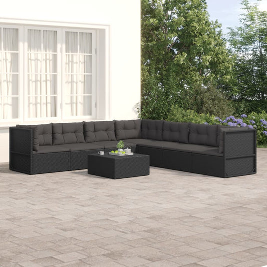 7 Piece Garden Lounge Set With Cushions Black Poly Rattan