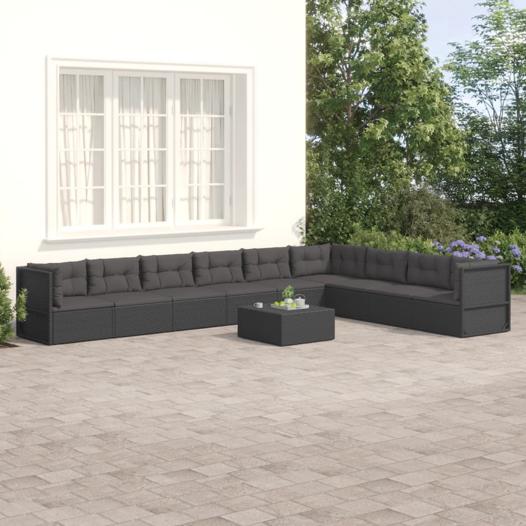 7 Piece Garden Lounge Set With Cushions Black Poly Rattan
