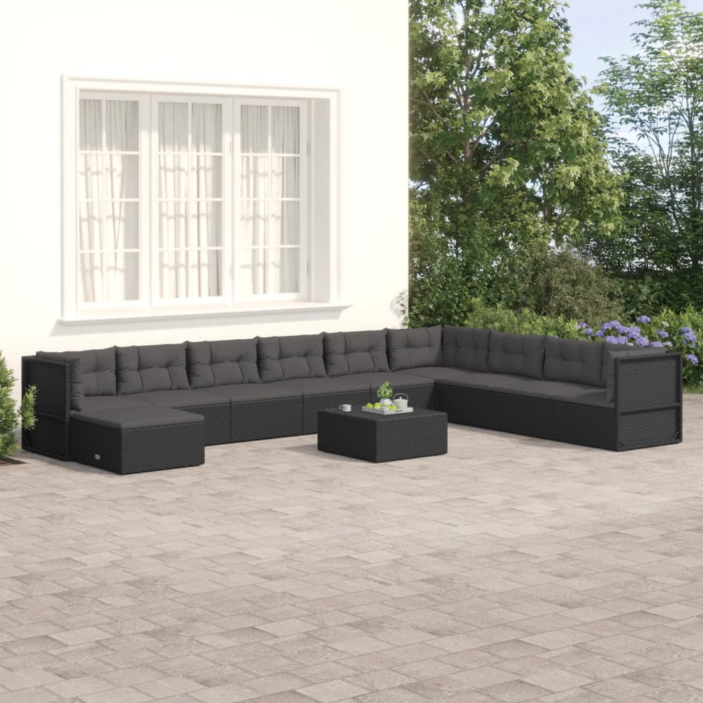 7 Piece Garden Lounge Set With Cushions Black Poly Rattan