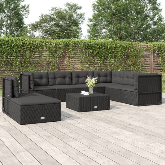 8 Piece Garden Lounge Set With Cushions Black Poly Rattan