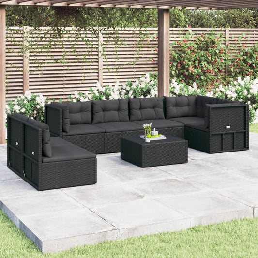 7 Piece Garden Lounge Set With Cushions Black Poly Rattan