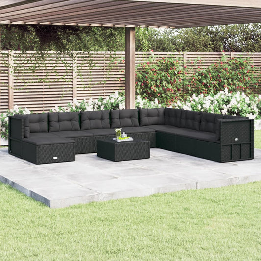 9 Piece Garden Lounge Set With Cushions Black Poly Rattan