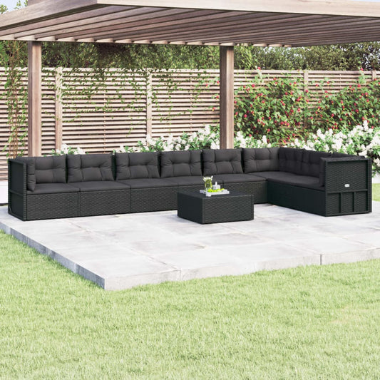 8 Piece Garden Lounge Set With Cushions Black Poly Rattan
