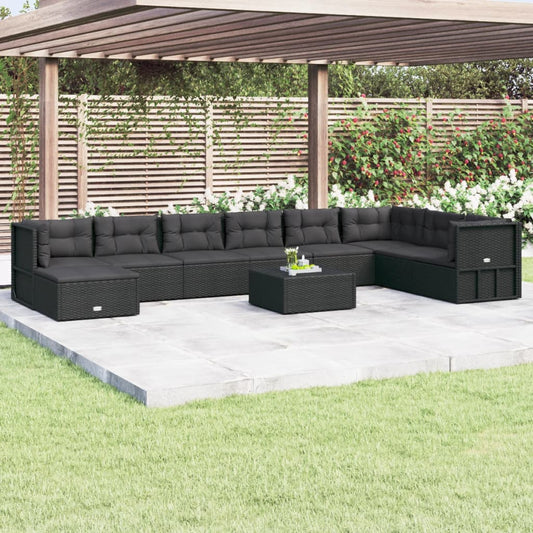 9 Piece Garden Lounge Set With Cushions Black Poly Rattan