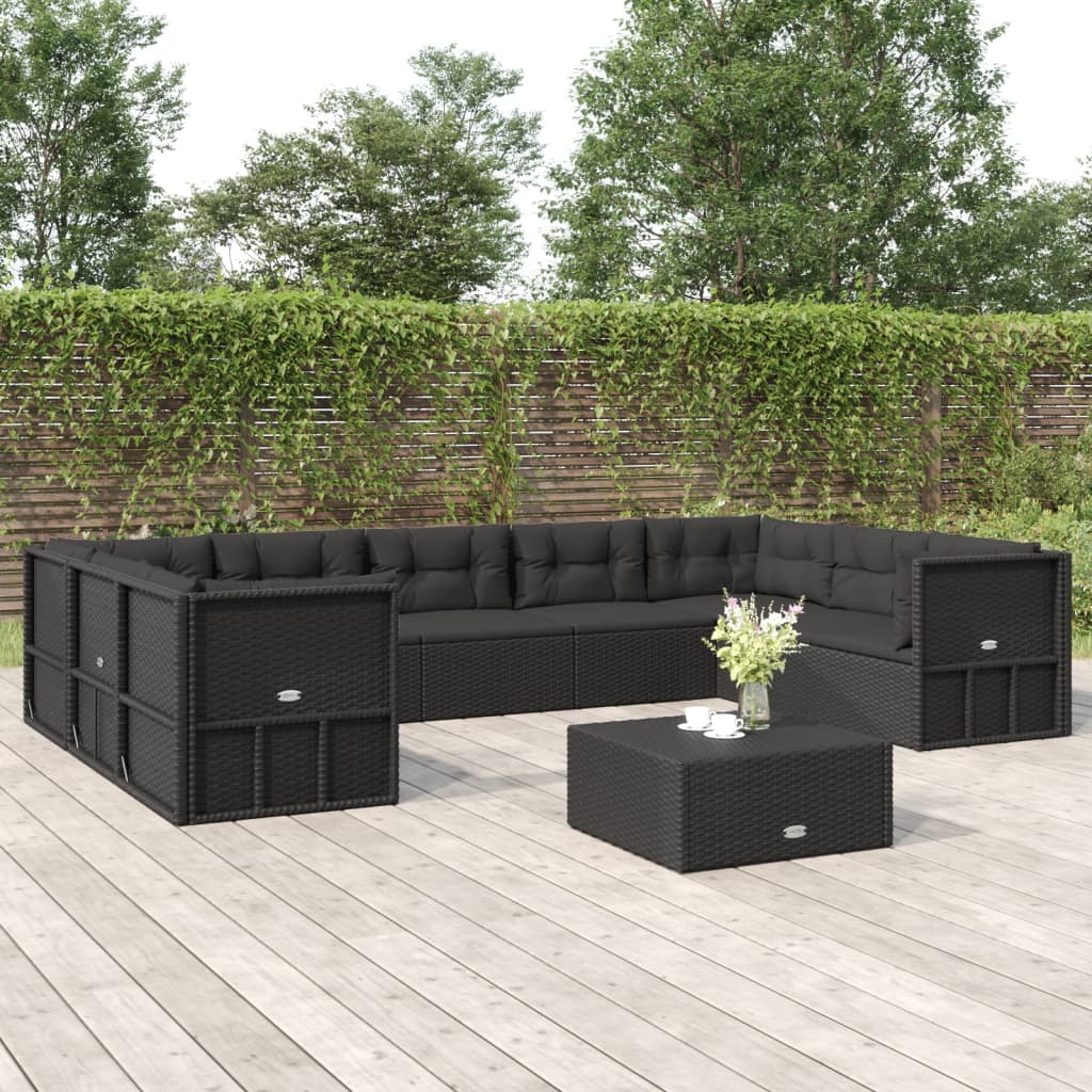 10 Piece Outdoor Sofa Set With Cushions Black Poly Rattan