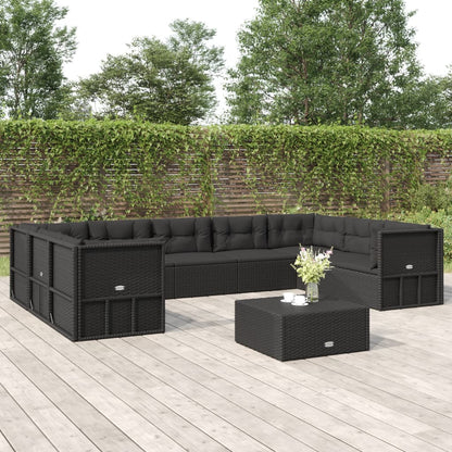 10 Piece Outdoor Sofa Set With Cushions Black Poly Rattan
