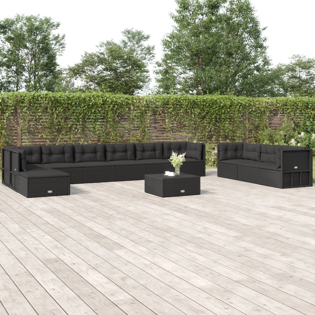 10 Piece Outdoor Sofa Set With Cushions Black Poly Rattan