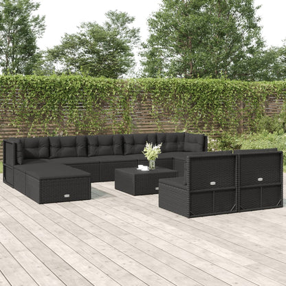 10 Piece Outdoor Sofa Set With Cushions Black Poly Rattan