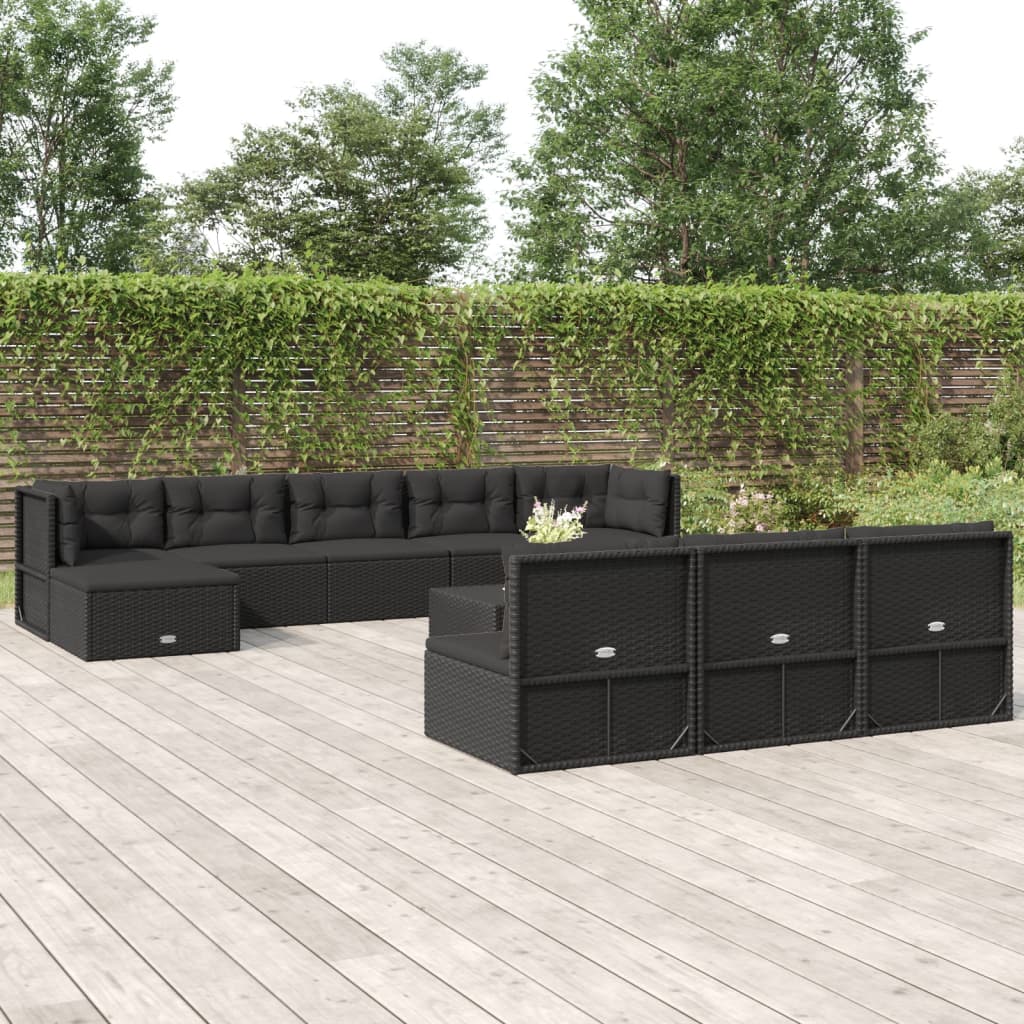 10 Piece Outdoor Sofa Set With Cushions Black Poly Rattan