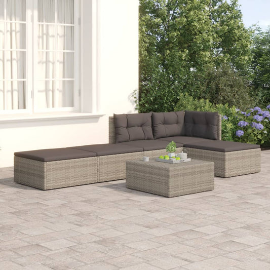 5 Piece Garden Lounge Set With Cushions Grey Poly Rattan