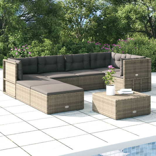 7 Piece Garden Lounge Set With Cushions Grey Poly Rattan