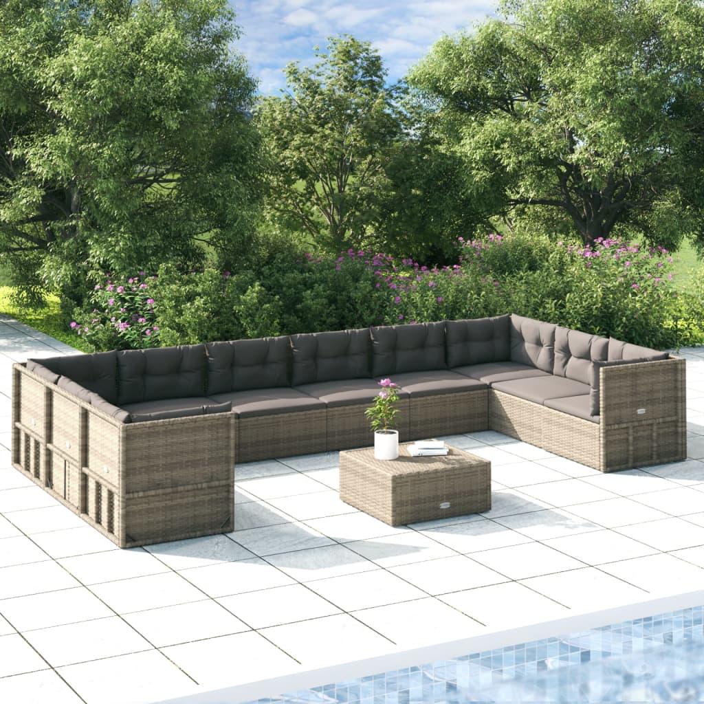 11 Piece Garden Lounge Set With Cushions Grey Poly Rattan