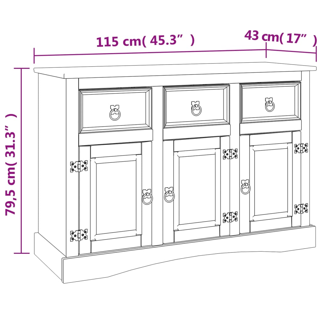 Sideboard &quot;Corona&quot; 115X43X79.5 Cm Solid Wood Mexican Pine