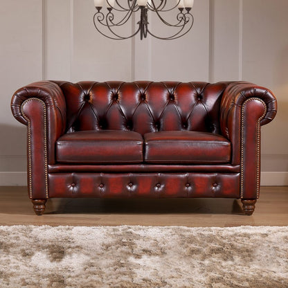 Max Chesterfield 2 Seater Leather Sofa - Leather Antique Red