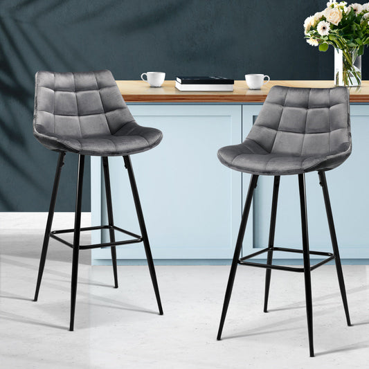 Set of 2 Velvet Bar Stools - Grey