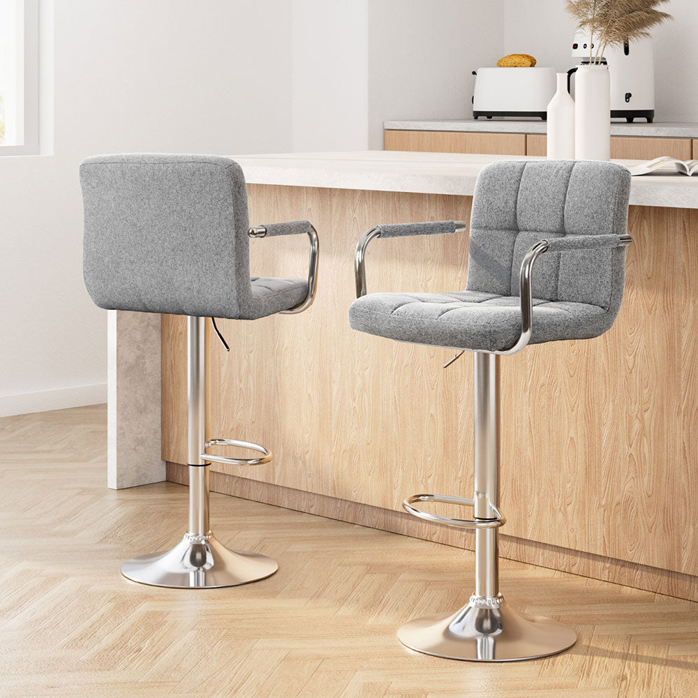 Artiss 2x Bar Stools Kitchen Bar Stool Chairs Gas Lift Swivel Fabric Chrome Grey