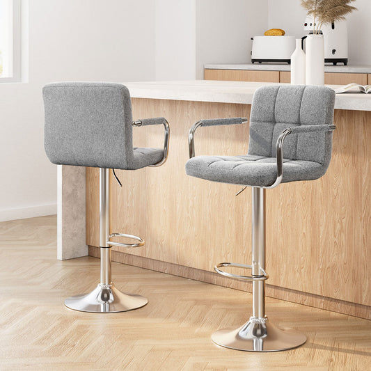 Artiss 2x Bar Stools Kitchen Bar Stool Chairs Gas Lift Swivel Fabric Chrome Grey