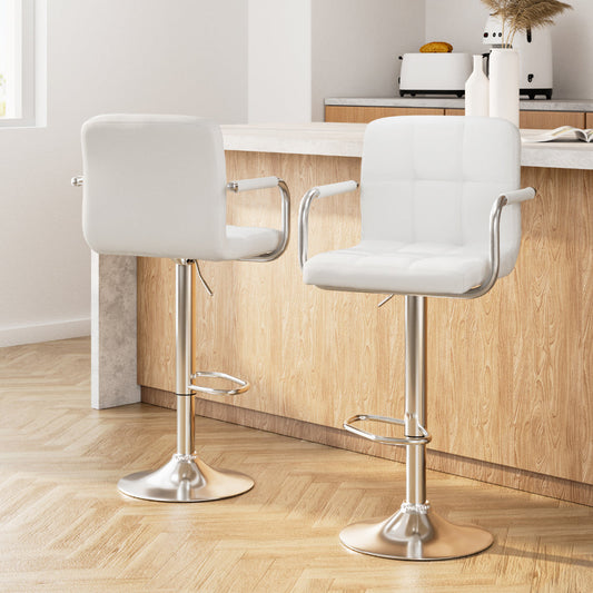 Artiss 2x Bar Stools Gas lift Swivel Chairs Kitchen Armrest Leather Chrome White