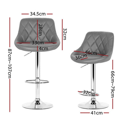 Set of 4 Bar Stools PU Leather Diamond Style - Grey