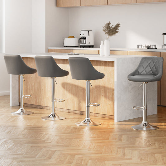 Set of 4 Bar Stools PU Leather Diamond Style - Grey