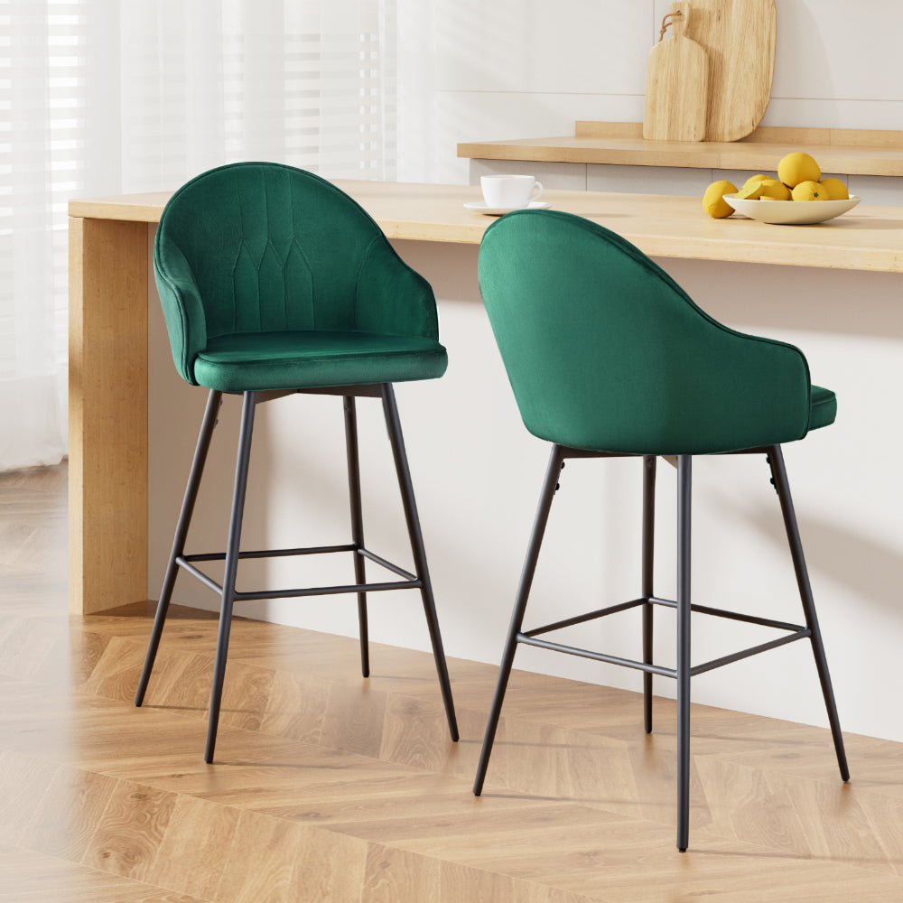 Artiss 2x Bar Stools Velvet Swivel Metal Legs Green