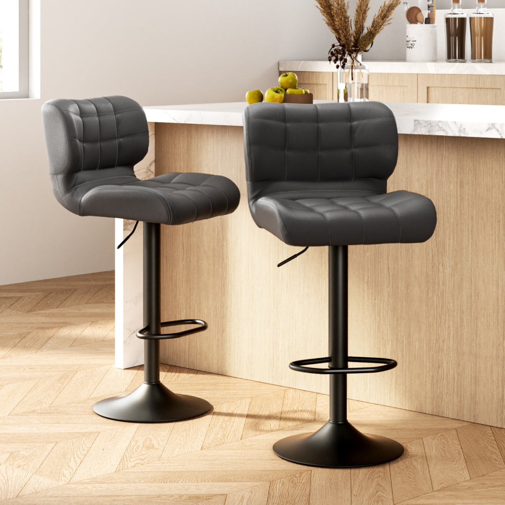 Set of 2 Kitchen Bar Stools Gas Lift Plush PU Leather - Black and Grey