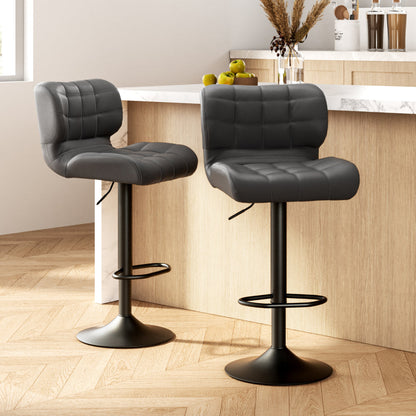 Set of 2 Kitchen Bar Stools Gas Lift Plush PU Leather - Black and Grey