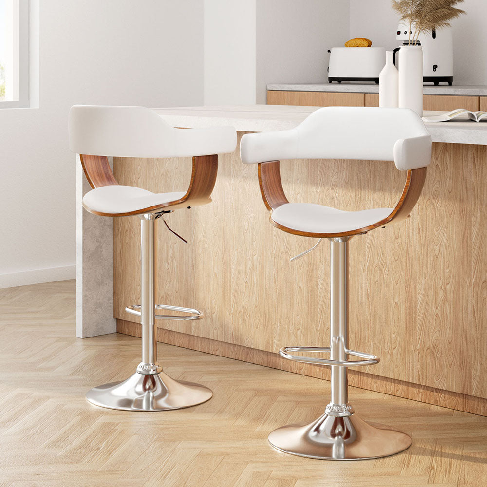 Set of 2 Wooden PU Leather Bar Stool - White and Chrome