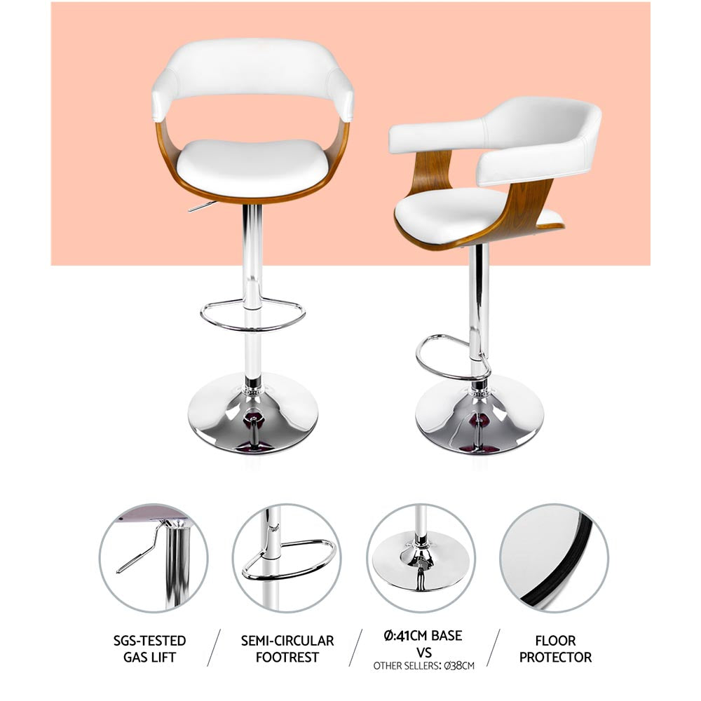 Set of 2 Wooden PU Leather Bar Stool - White and Chrome