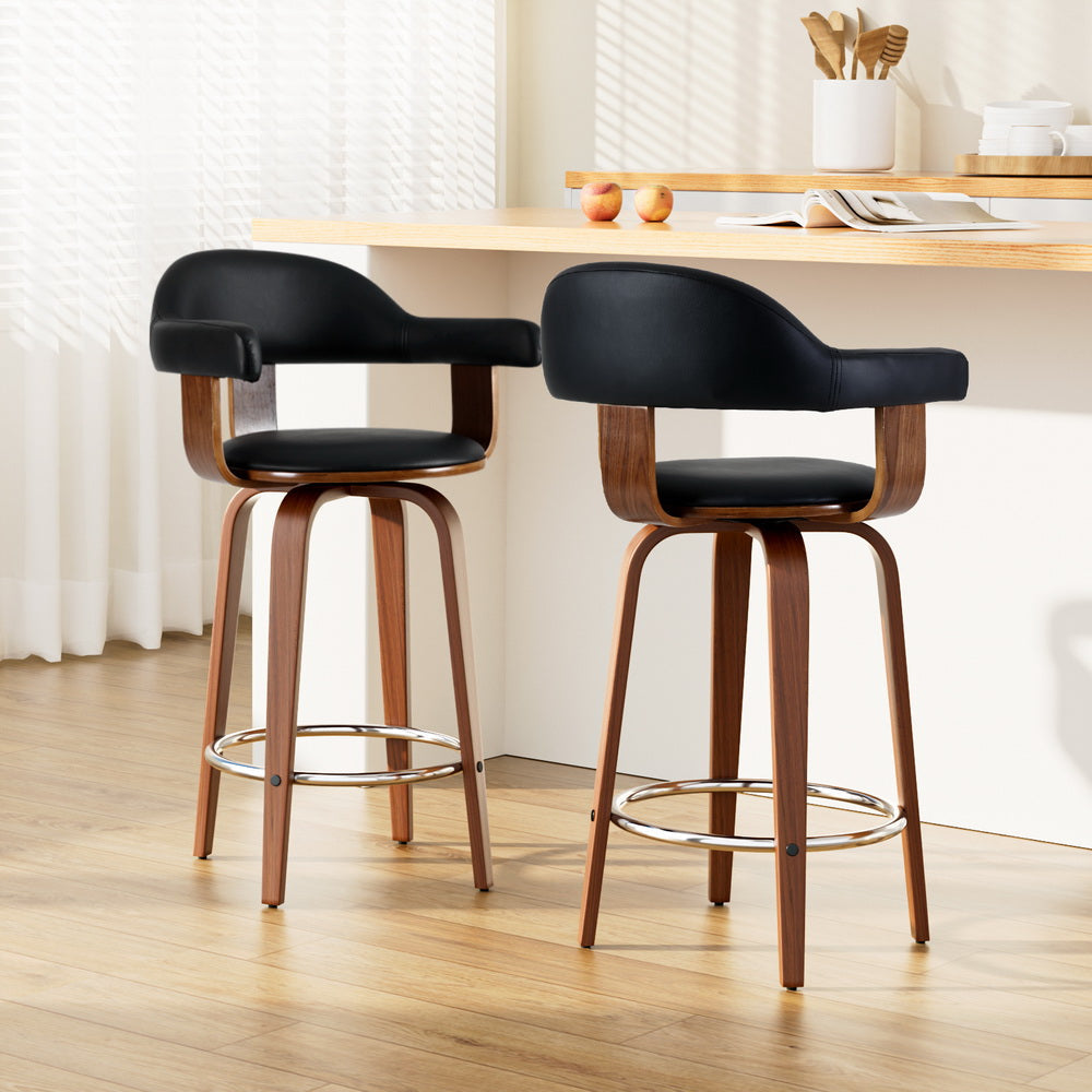 Artiss Set of 2 Bar Stools PU Leather Wooden Swivel - Wood, Chrome and Black