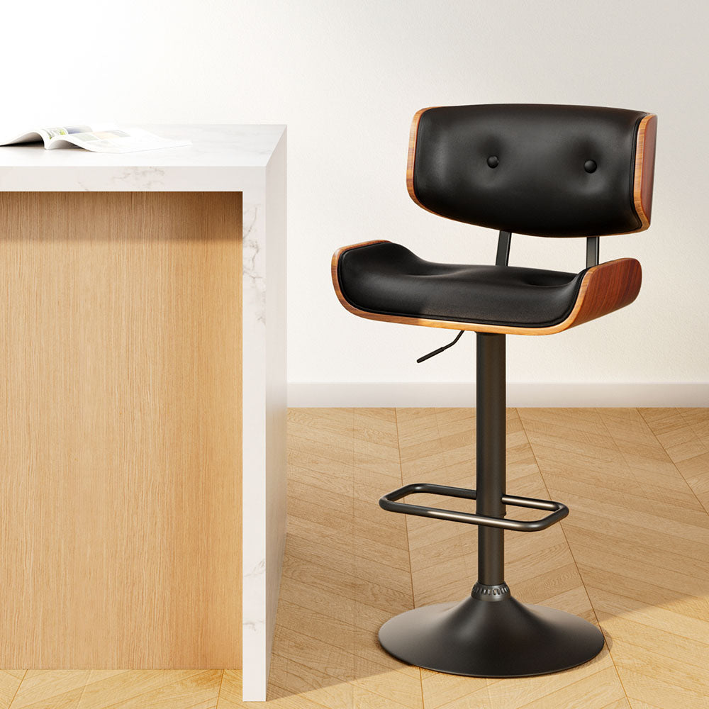Bar Stool Gas Lift Wooden PU Leather - Black and Wood