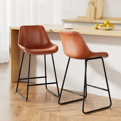 Set of 2 Bar Stools Kitchen Metal Bar Stool Dining Chairs PU Leather Brown