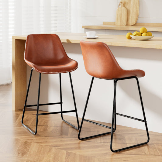 Set of 2 Bar Stools Kitchen Metal Bar Stool Dining Chairs PU Leather Brown