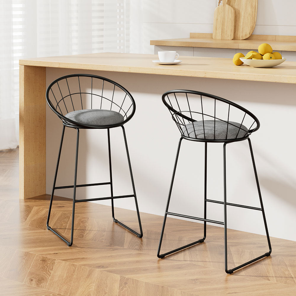 Set of 2 Bar Stools Steel Fabric - Grey and Black