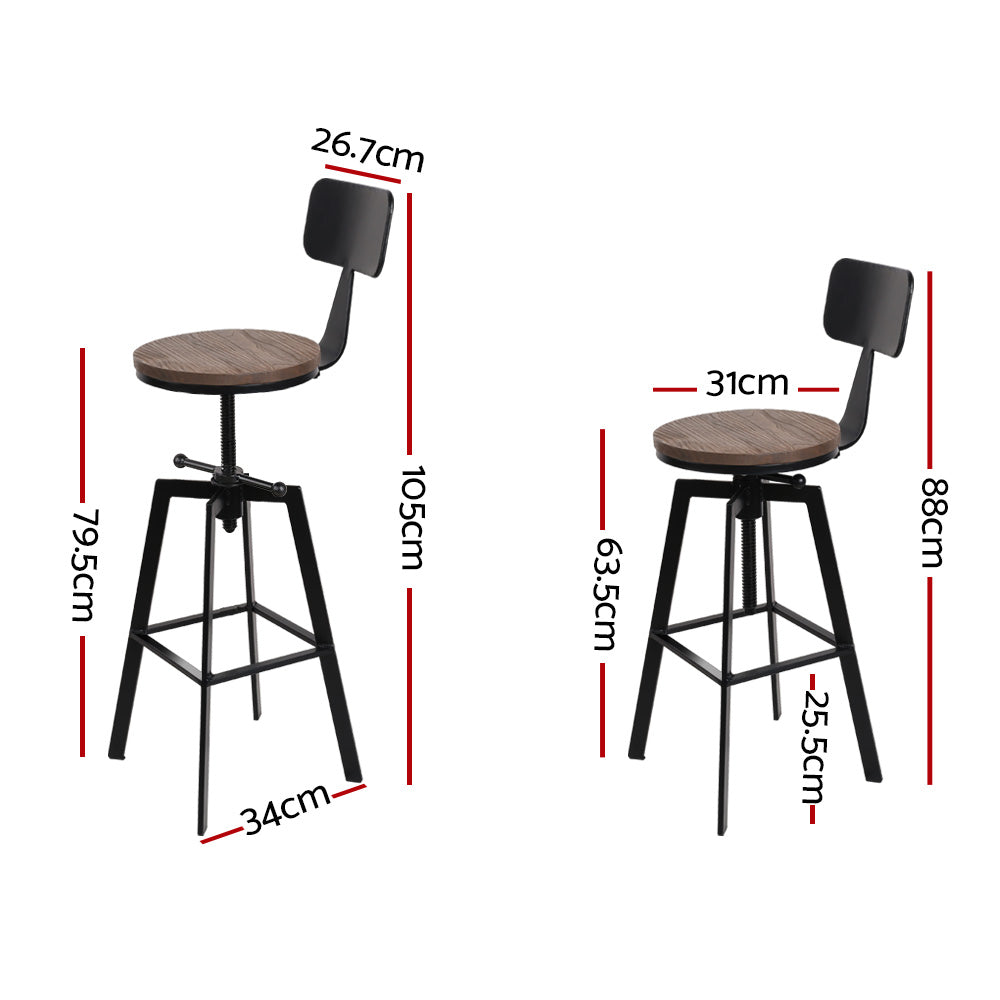 Set of 2 Rustic Industrial Style Metal Bar Stool - Black and Wood